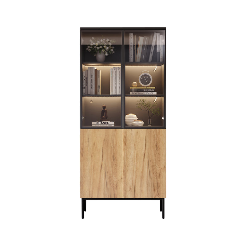 Vitrine haute noir et effet bois avec éclairage LED portes en verre GHALS