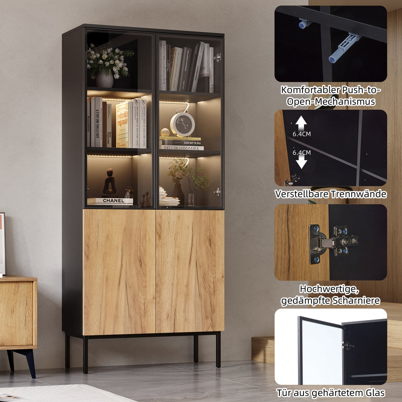Vitrine haute noir et effet bois avec éclairage LED portes en verre GHALS