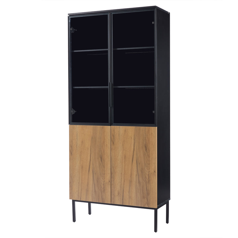 Vitrine haute noir et effet bois avec éclairage LED portes en verre GHALS