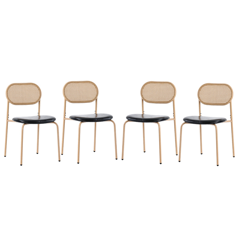 Ensemble table à manger et quatre chaises en verre minimaliste moderne avec plateau en verre transparent, cadre en bois naturel et dossier en rotin LOSSIRS+GHEXIELS BLACK