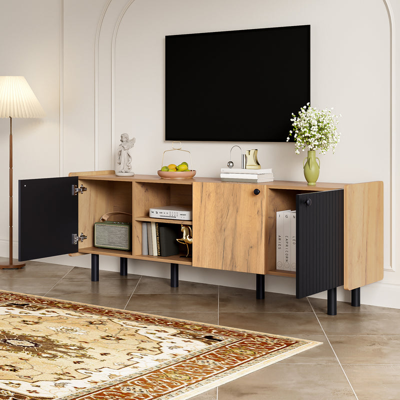 Meuble TV moderne noir effet bois 3 portes texturés GHITIX
