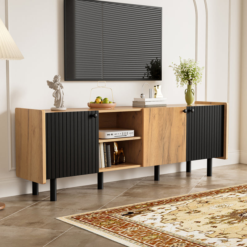 Meuble TV moderne noir effet bois 3 portes texturés GHITIX