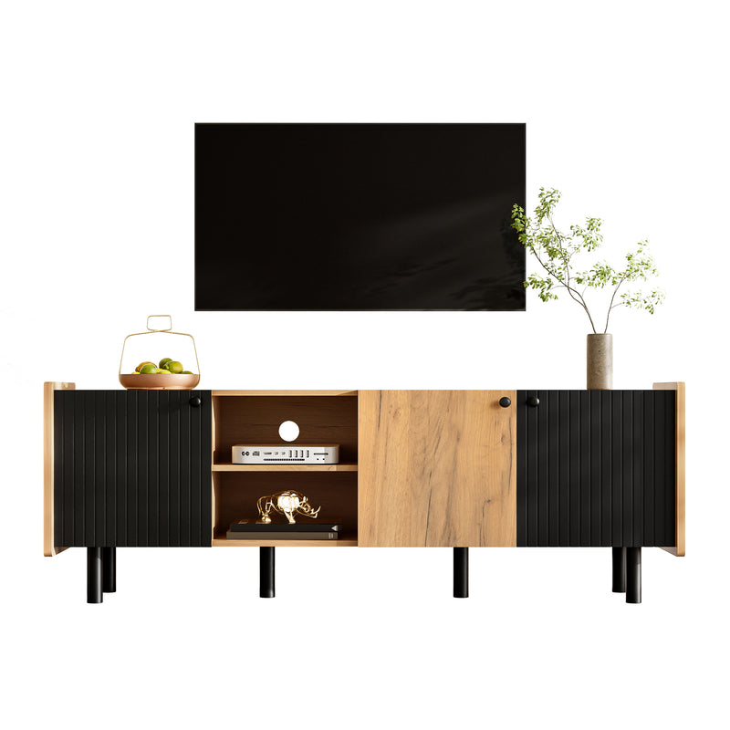 Meuble TV moderne noir effet bois 3 portes texturés GHITIX