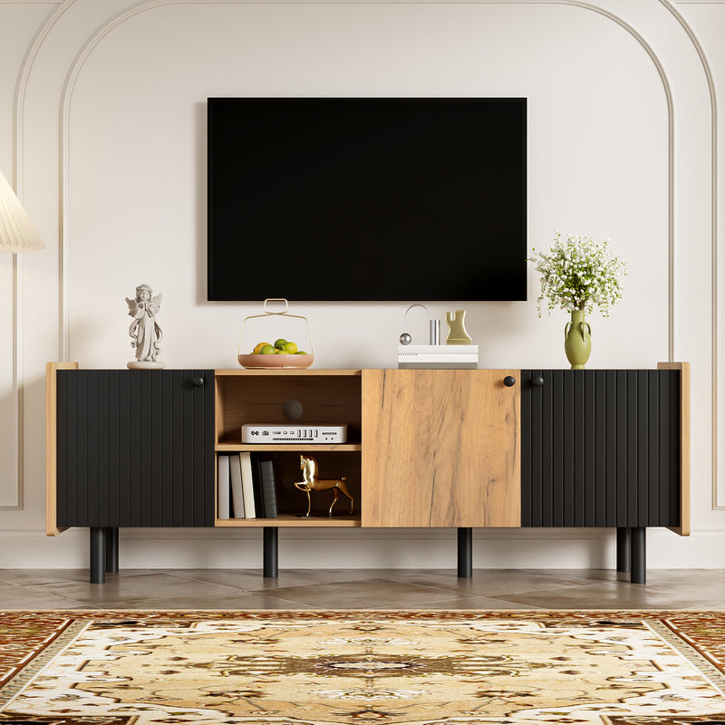 Meuble TV moderne noir effet bois 3 portes texturés GHITIX