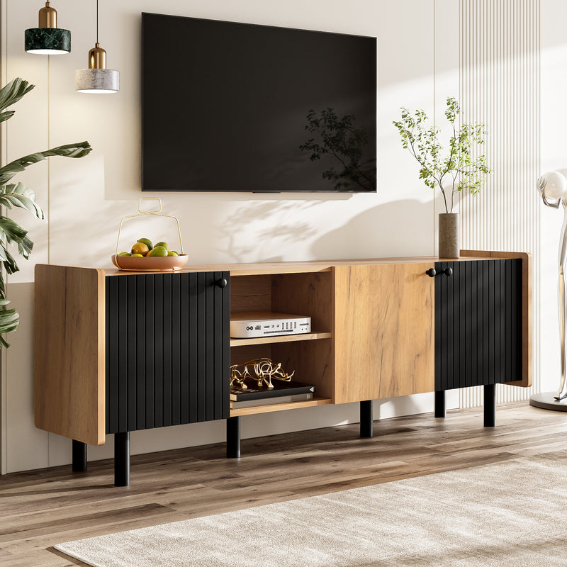 Meuble TV moderne noir effet bois 3 portes texturés GHITIX