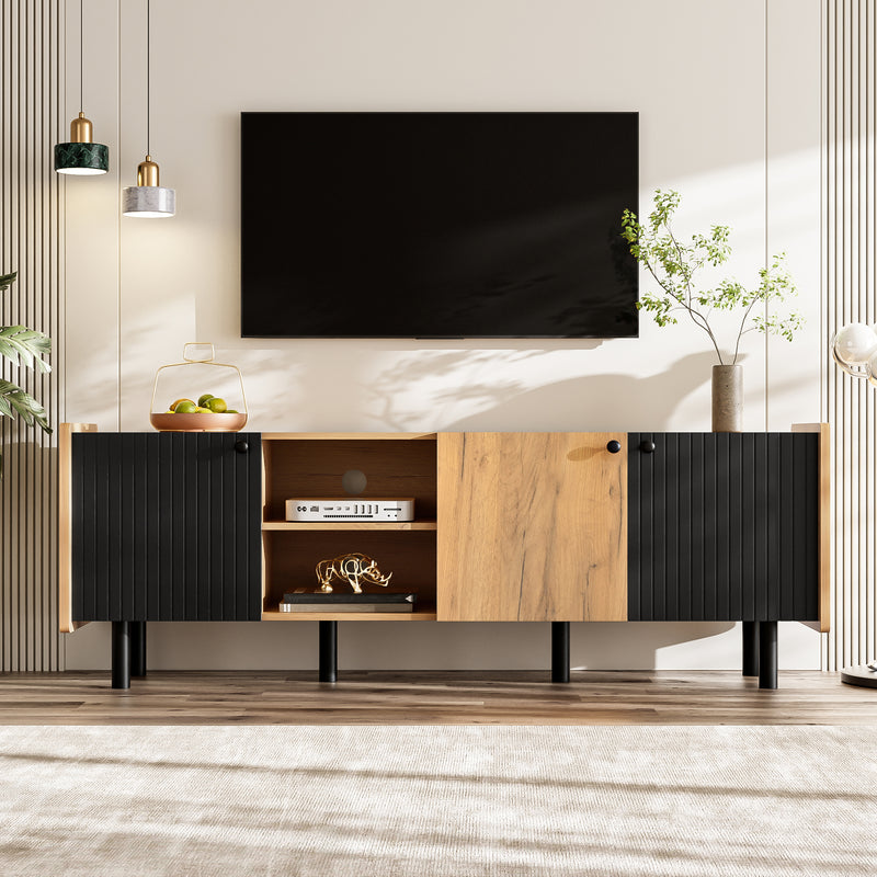 Meuble TV moderne noir effet bois 3 portes texturés GHITIX