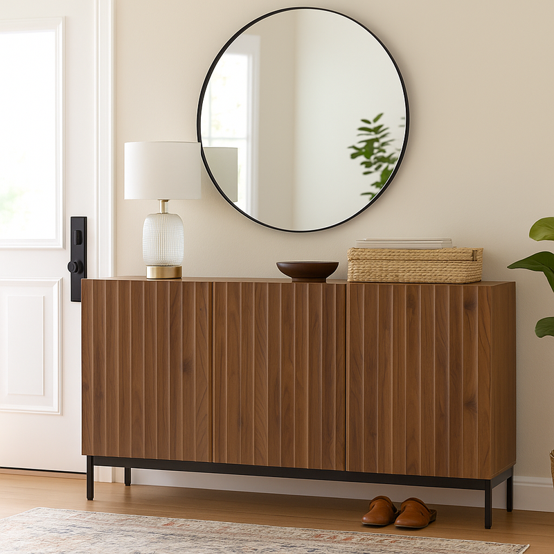 Buffet effet chêne vintage grainé foncé 3D ondulé 150x40x80cm GHOTS
