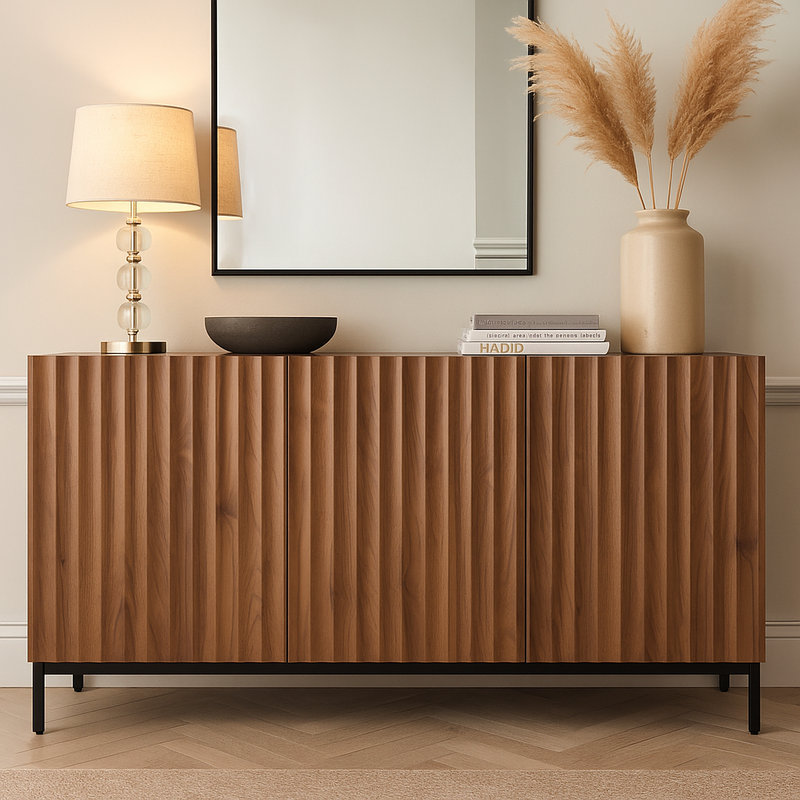 Buffet effet chêne vintage grainé foncé 3D ondulé 150x40x80cm GHOTS