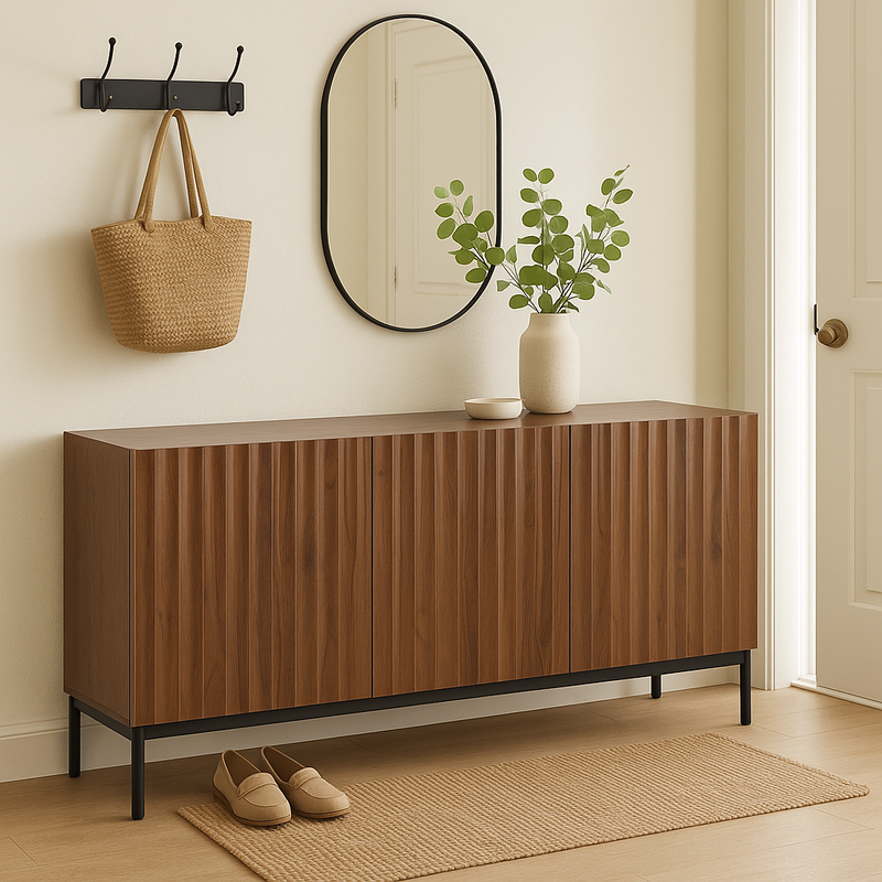 Buffet effet chêne vintage grainé foncé 3D ondulé 150x40x80cm GHOTS