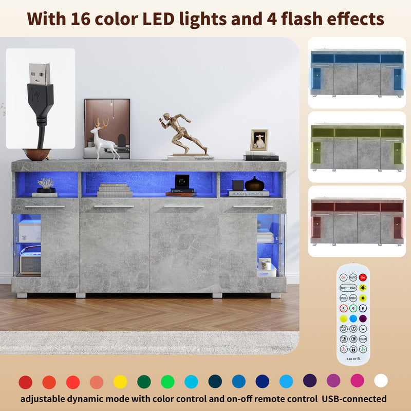 Buffet effet gris ciment et verre avec éclairage LED GRACAIKS