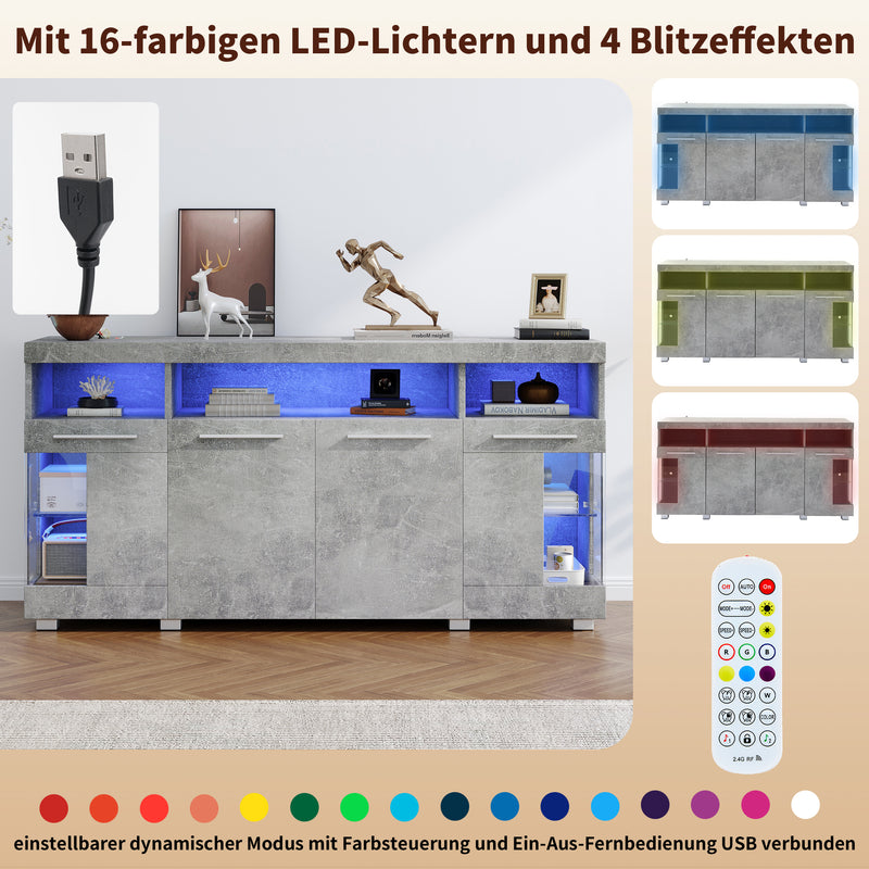 Buffet effet gris ciment et verre avec éclairage LED GRACAIKS