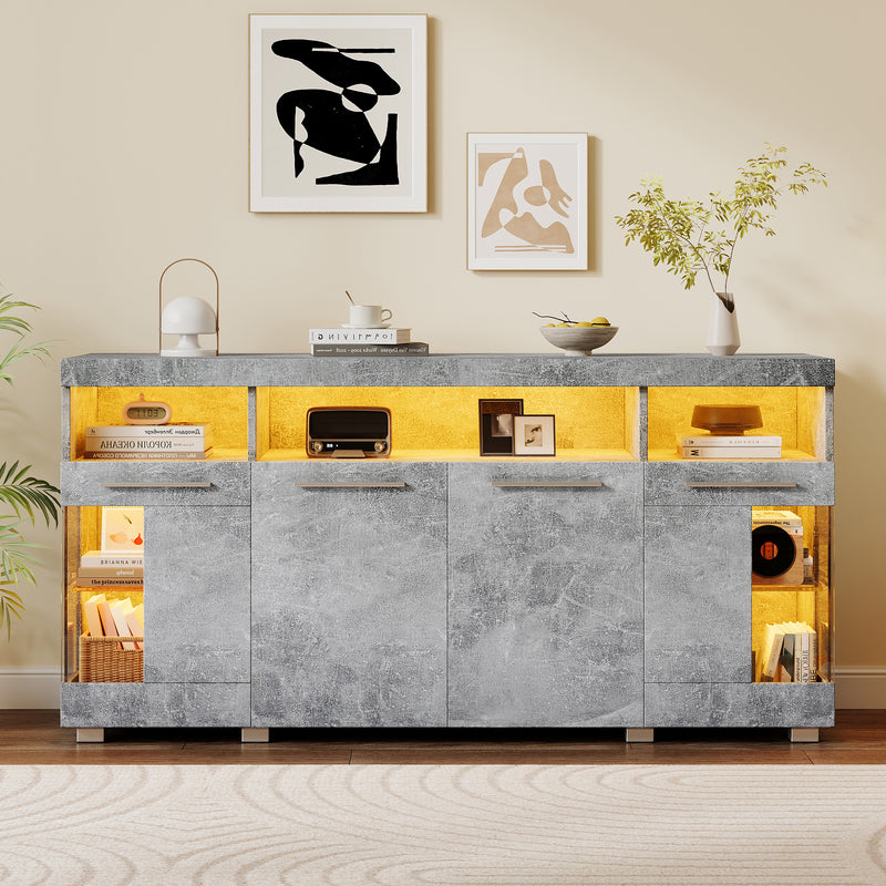 Buffet effet gris ciment et verre avec éclairage LED GRACAIKS