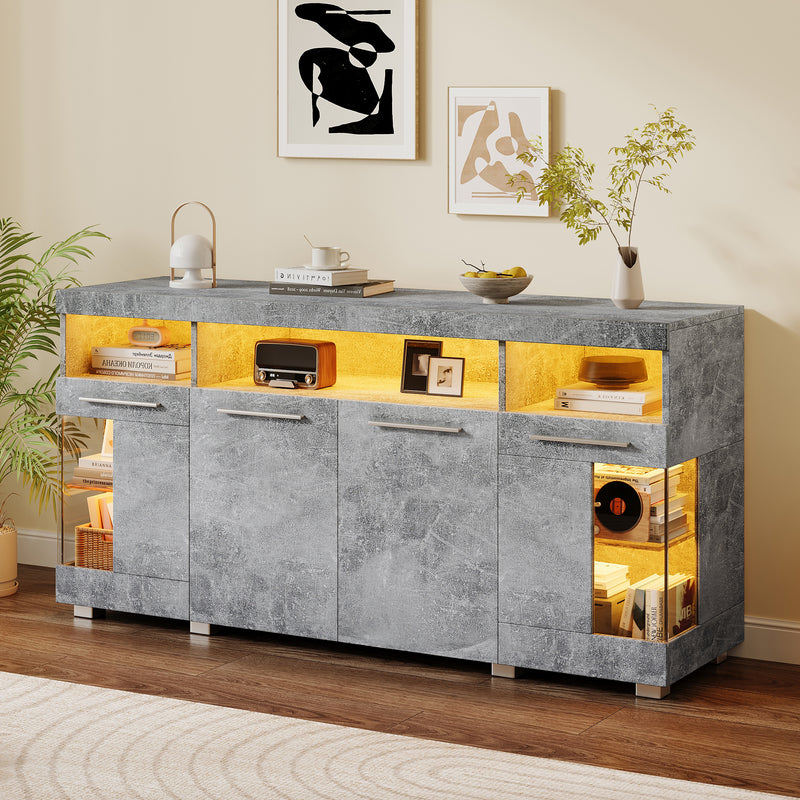 Buffet effet gris ciment et verre avec éclairage LED GRACAIKS