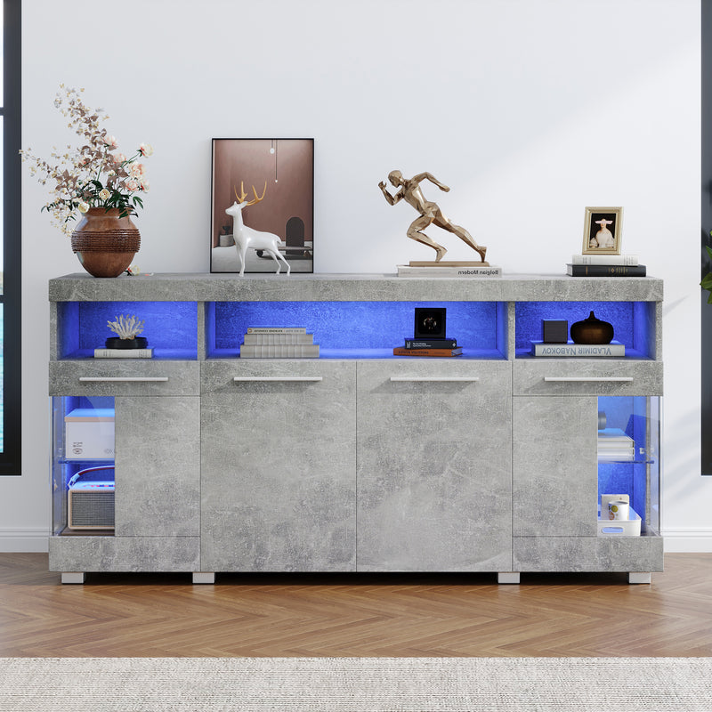 Buffet effet gris ciment et verre avec éclairage LED GRACAIKS