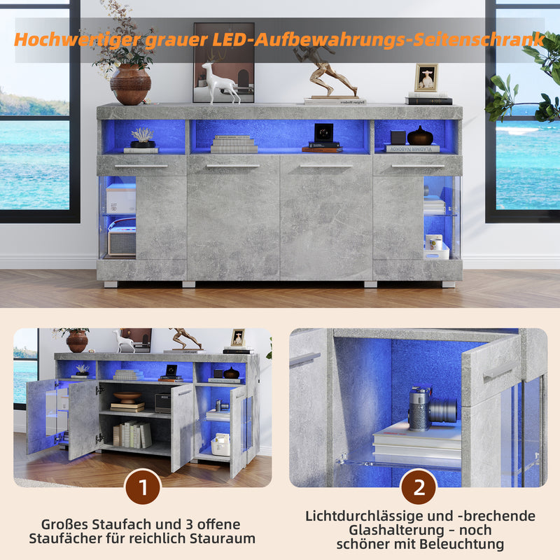 Buffet effet gris ciment et verre avec éclairage LED GRACAIKS