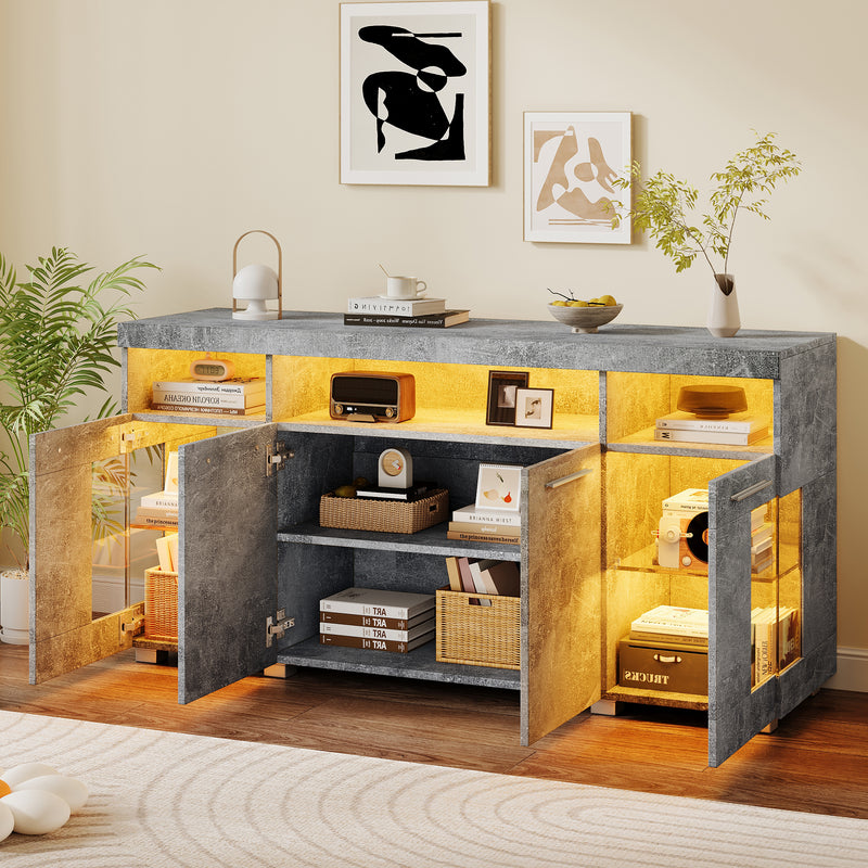 Buffet effet gris ciment et verre avec éclairage LED GRACAIKS