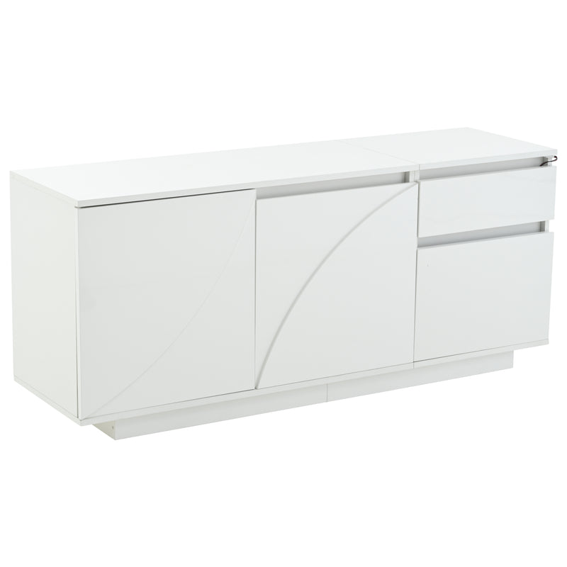 Buffet moderne blanc brillant motif géométrique 3 portes et éclairage LED GRASSPHYT