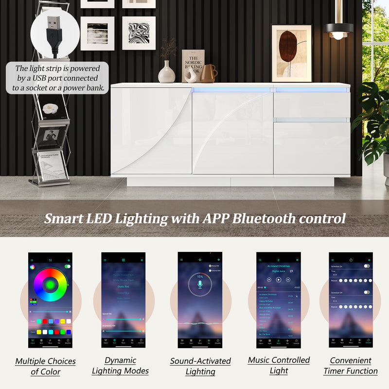 Buffet moderne blanc brillant motif géométrique 3 portes et éclairage LED GRASSPHYT