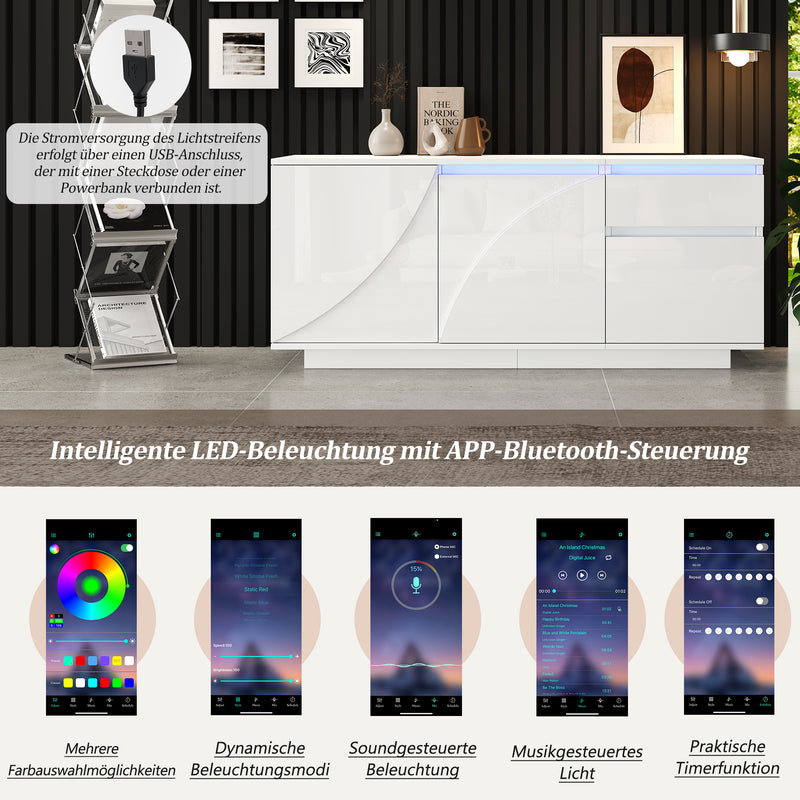 Buffet moderne blanc brillant motif géométrique 3 portes et éclairage LED GRASSPHYT