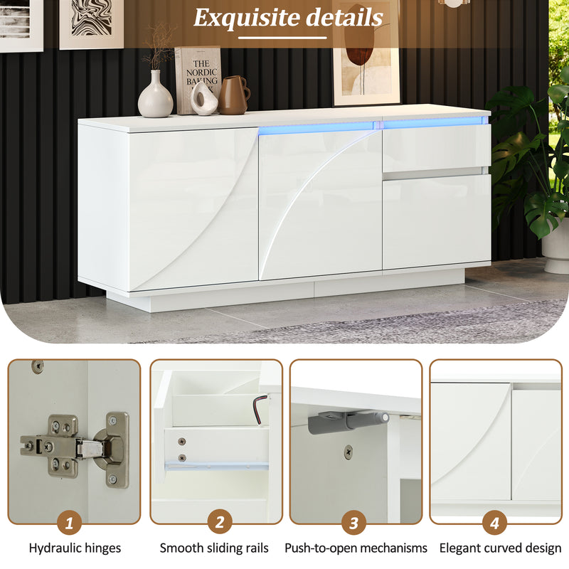 Buffet moderne blanc brillant motif géométrique 3 portes et éclairage LED GRASSPHYT