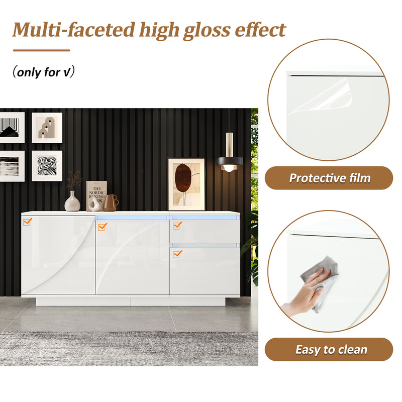 Buffet moderne blanc brillant motif géométrique 3 portes et éclairage LED GRASSPHYT