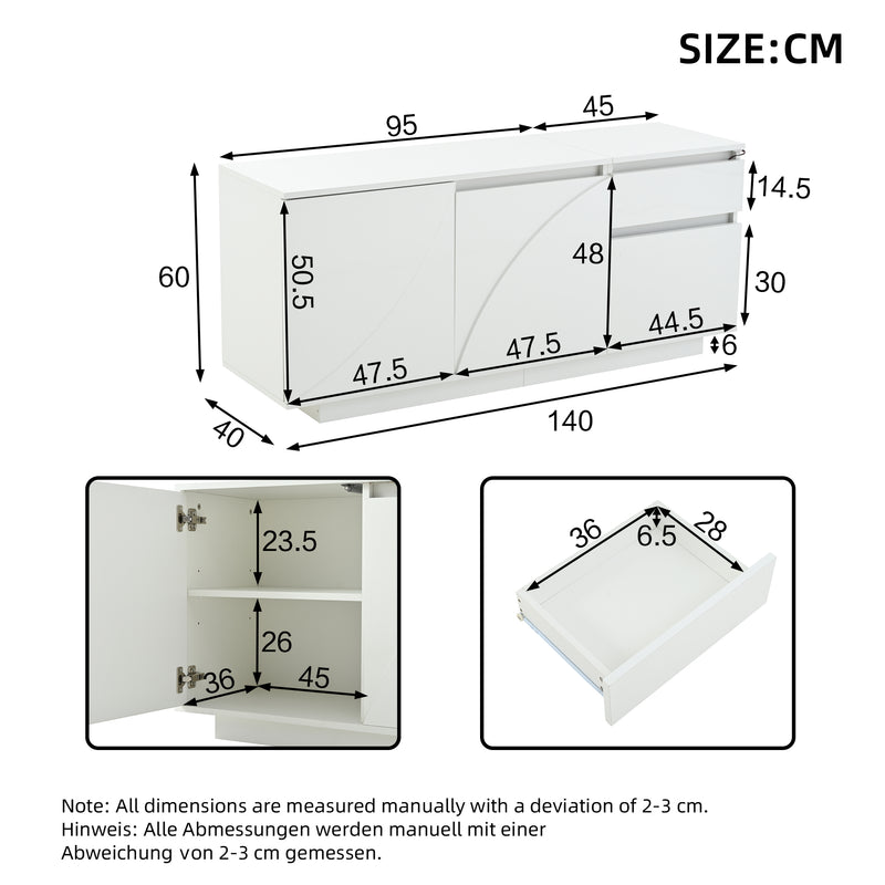 Buffet moderne blanc brillant motif géométrique 3 portes et éclairage LED GRASSPHYT