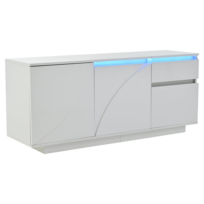 Buffet moderne blanc brillant motif géométrique 3 portes et éclairage LED GRASSPHYT