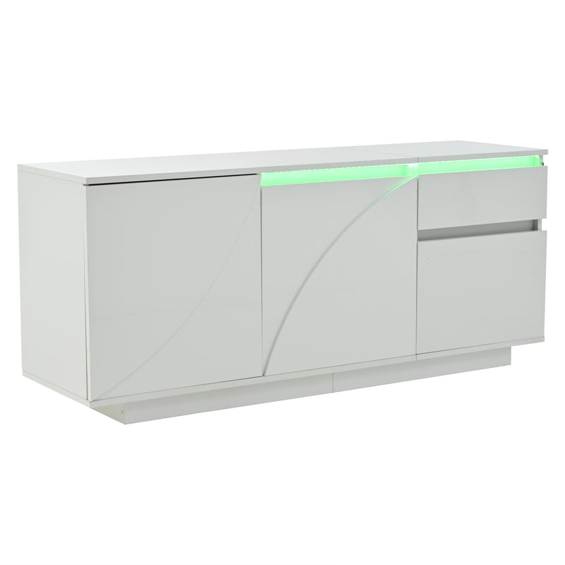 Buffet moderne blanc brillant motif géométrique 3 portes et éclairage LED GRASSPHYT