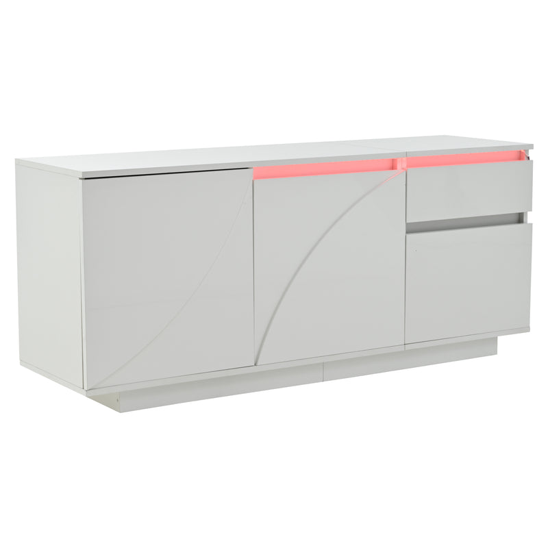 Buffet moderne blanc brillant motif géométrique 3 portes et éclairage LED GRASSPHYT