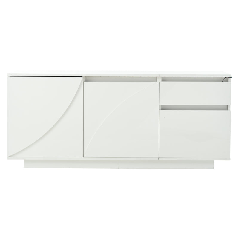 Buffet moderne blanc brillant motif géométrique 3 portes et éclairage LED GRASSPHYT