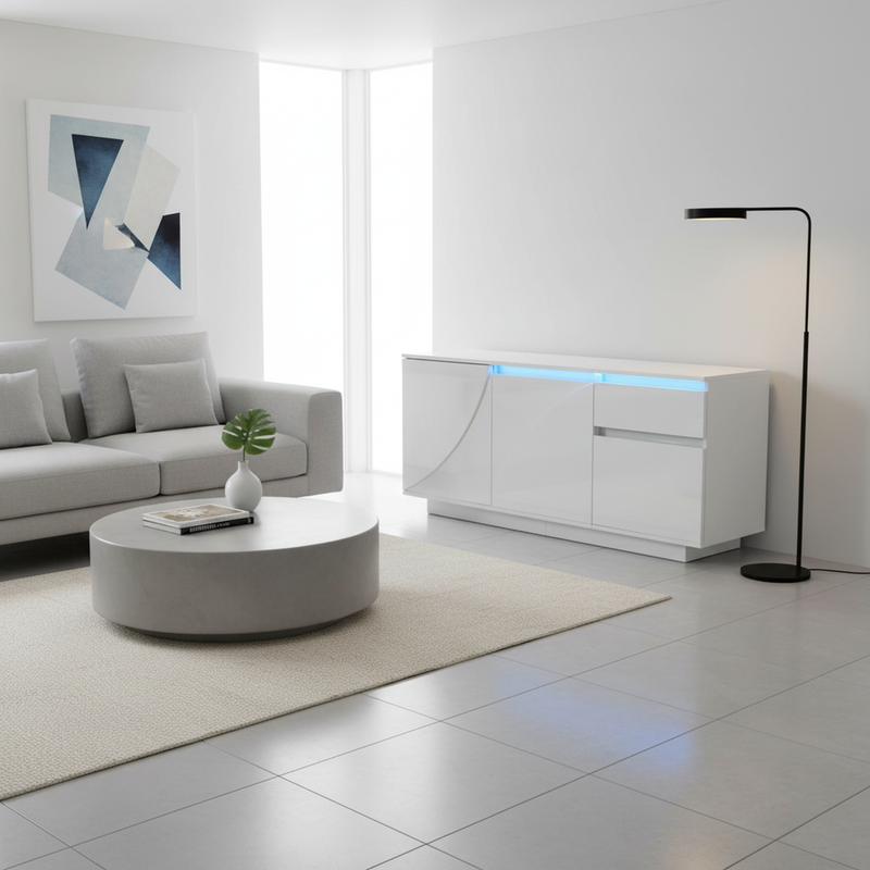 Buffet moderne blanc brillant motif géométrique 3 portes et éclairage LED GRASSPHYT