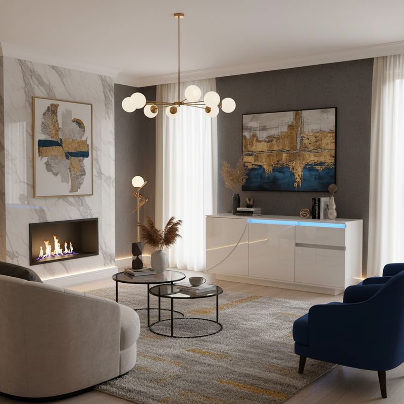 Buffet moderne blanc brillant motif géométrique 3 portes et éclairage LED GRASSPHYT