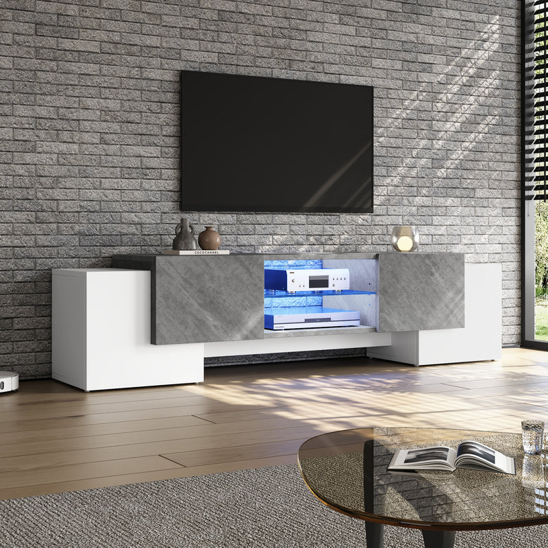 Meuble TV moderne blanc &amp; gris étagère en verre avec éclairage LED GRIGVEK
