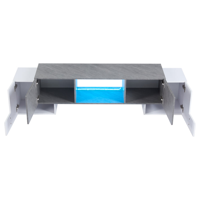 Meuble TV moderne blanc &amp; gris étagère en verre avec éclairage LED GRIGVEK