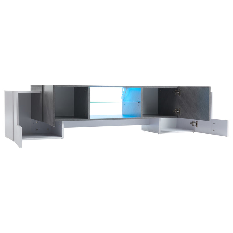Meuble TV moderne blanc &amp; gris étagère en verre avec éclairage LED GRIGVEK