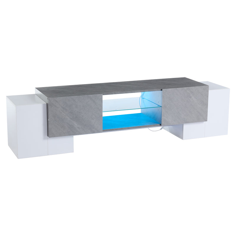 Meuble TV moderne blanc &amp; gris étagère en verre avec éclairage LED GRIGVEK