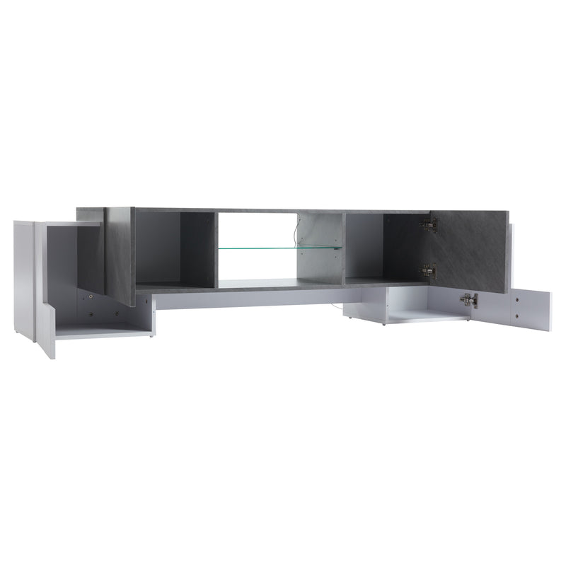 Meuble TV moderne blanc &amp; gris étagère en verre avec éclairage LED GRIGVEK