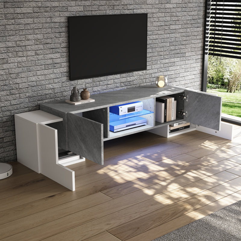 Meuble TV moderne blanc &amp; gris étagère en verre avec éclairage LED GRIGVEK