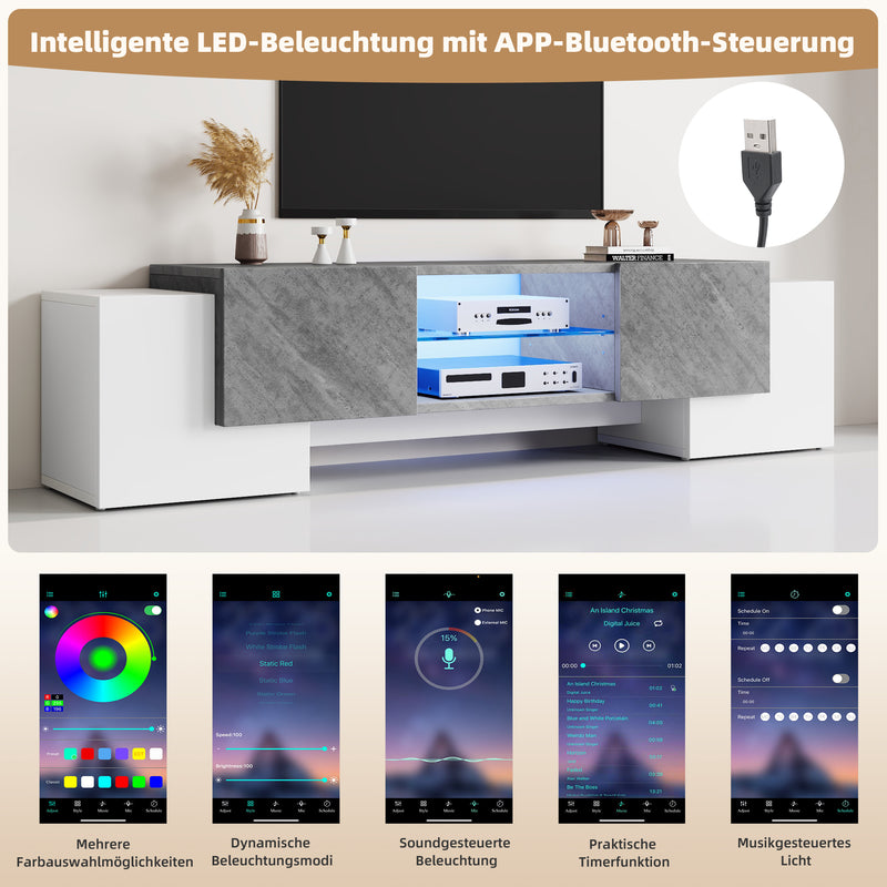 Meuble TV moderne blanc &amp; gris étagère en verre avec éclairage LED GRIGVEK