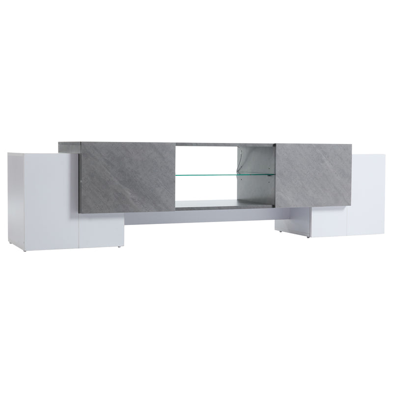Meuble TV moderne blanc &amp; gris étagère en verre avec éclairage LED GRIGVEK