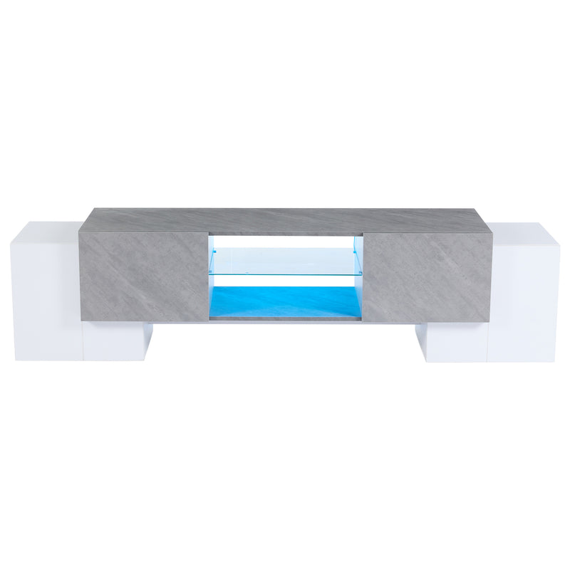 Meuble TV moderne blanc &amp; gris étagère en verre avec éclairage LED GRIGVEK