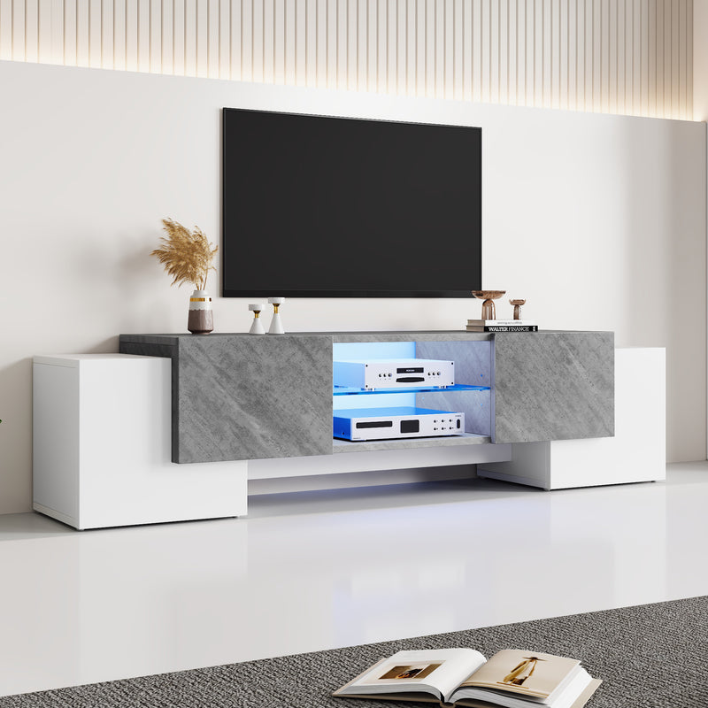Meuble TV moderne blanc &amp; gris étagère en verre avec éclairage LED GRIGVEK