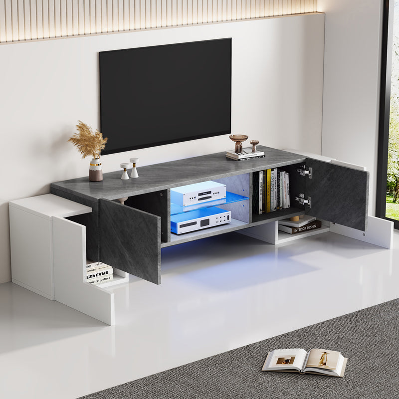 Meuble TV moderne blanc &amp; gris étagère en verre avec éclairage LED GRIGVEK