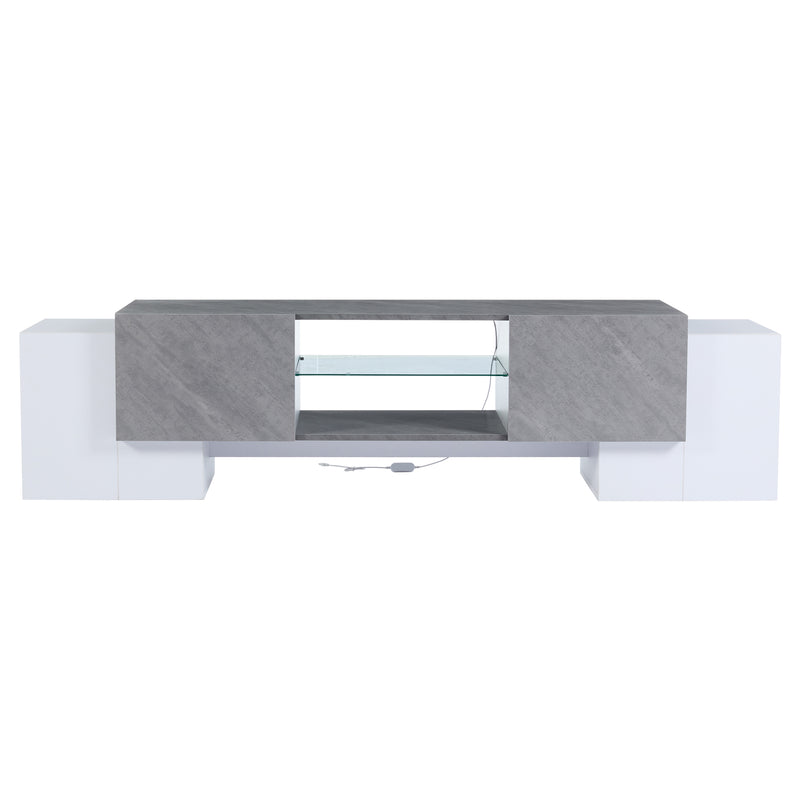 Meuble TV moderne blanc &amp; gris étagère en verre avec éclairage LED GRIGVEK