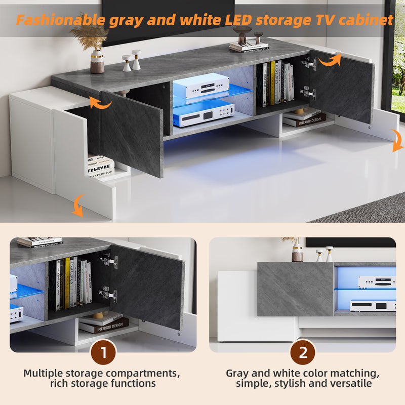 Meuble TV moderne blanc &amp; gris étagère en verre avec éclairage LED GRIGVEK