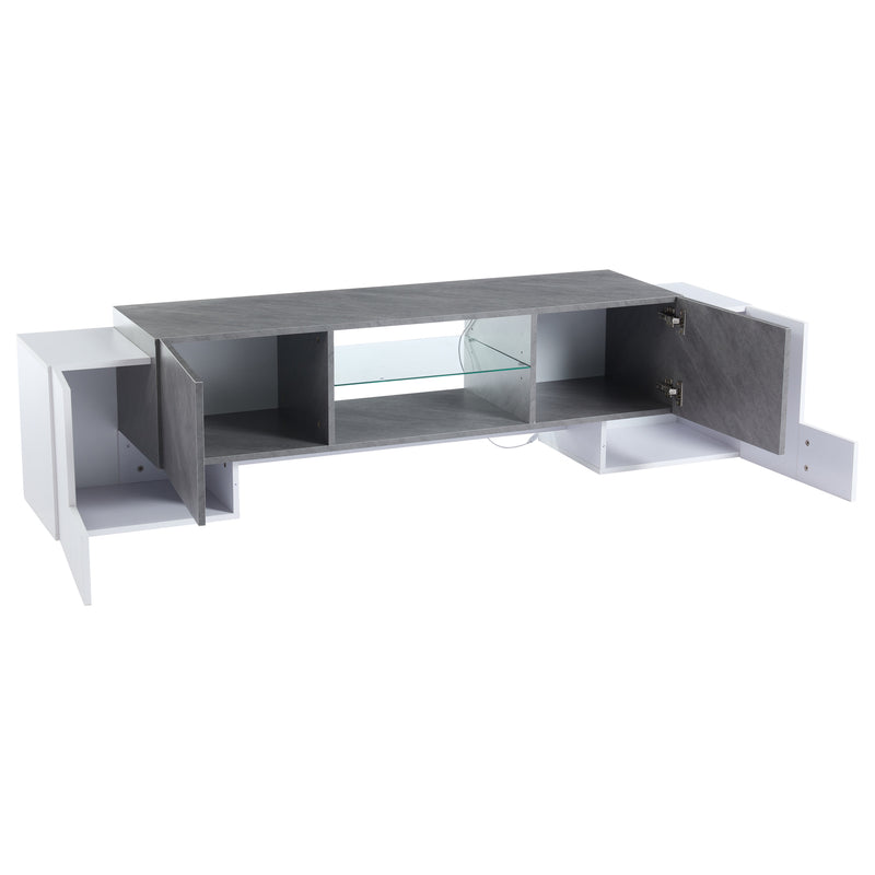 Meuble TV moderne blanc &amp; gris étagère en verre avec éclairage LED GRIGVEK