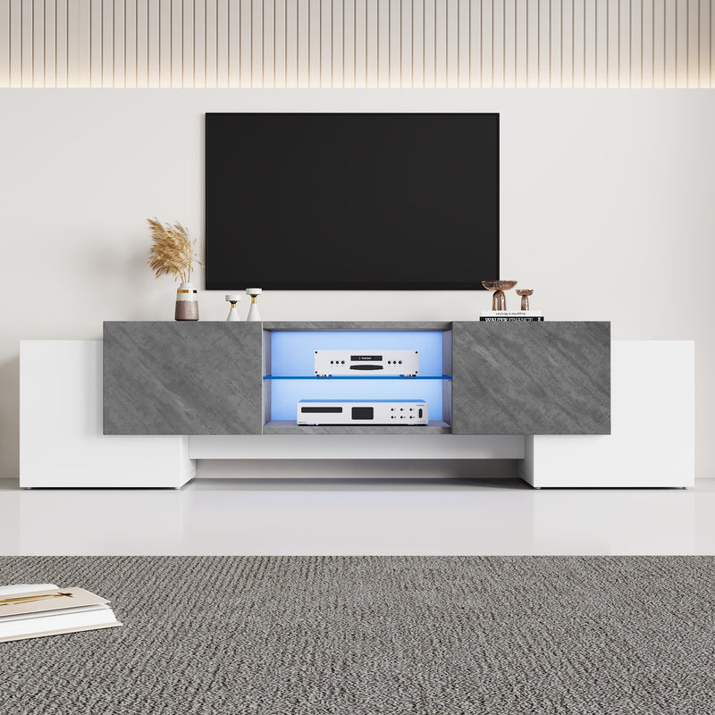 Meuble TV moderne blanc &amp; gris étagère en verre avec éclairage LED GRIGVEK