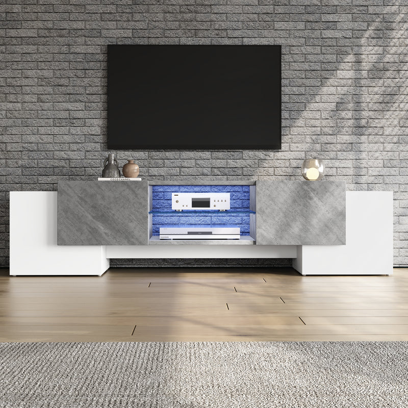 Meuble TV moderne blanc &amp; gris étagère en verre avec éclairage LED GRIGVEK