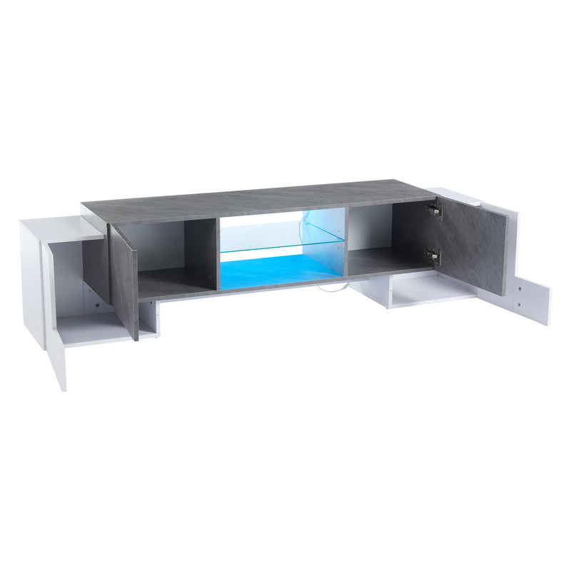 Meuble TV moderne blanc &amp; gris étagère en verre avec éclairage LED GRIGVEK