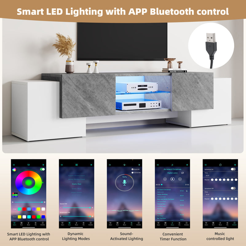 Meuble TV moderne blanc &amp; gris étagère en verre avec éclairage LED GRIGVEK